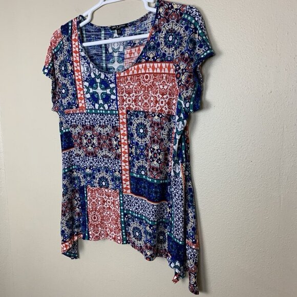 Cable & Gauge Womens 1X Short Sleeve Blouse Viscose Lightweight Boho Patchwork - Picture 4 of 13